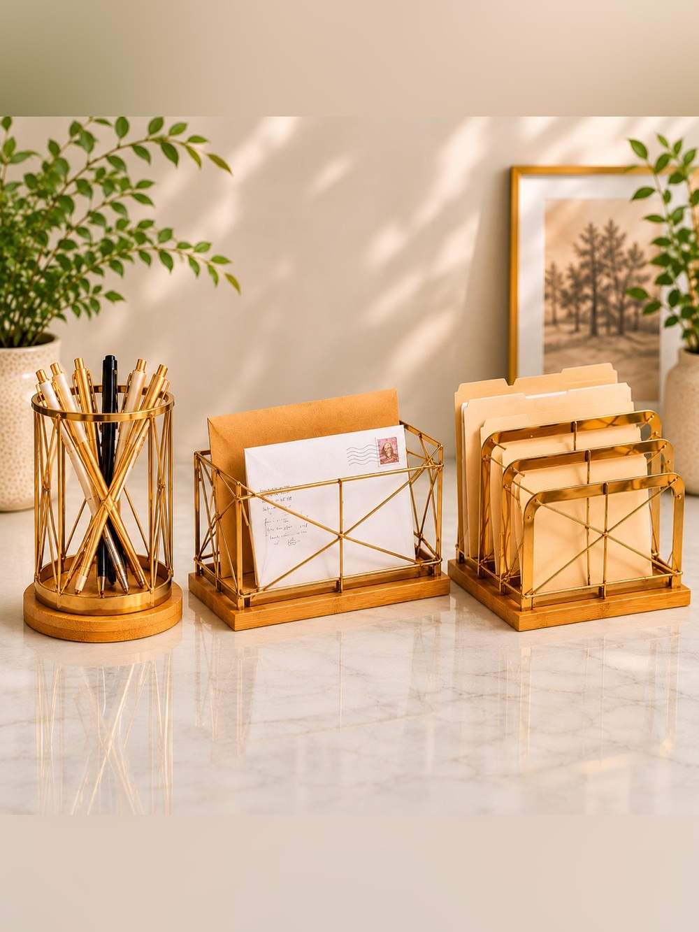Gold Metal & Bamboo Desk Organizer Set – Modern Office Accessories